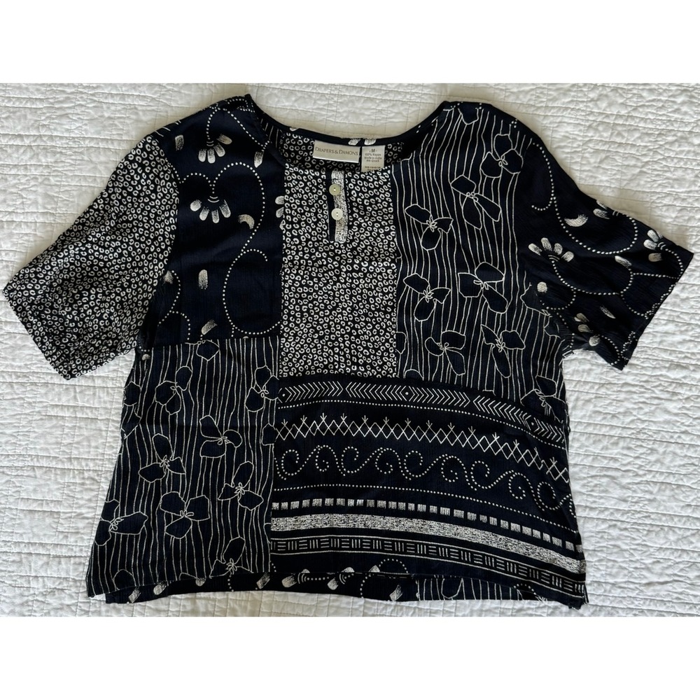 Drapers & Damons Womens Medium Black White Patchwork Rayon Blouse Short Sleeve